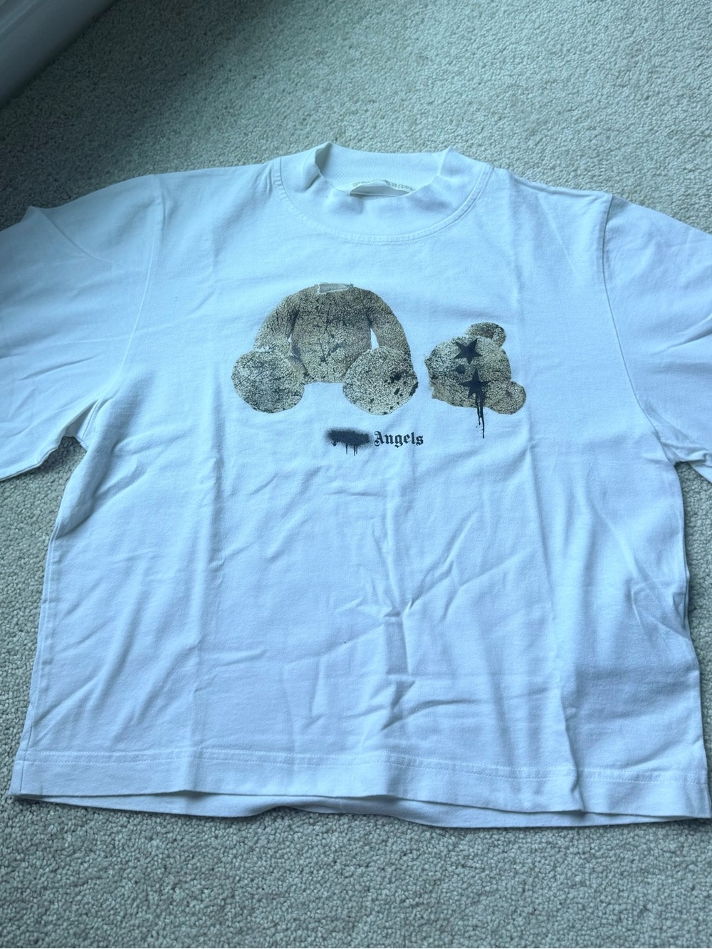 Palm Angels White Tee with Beige Teddy Graphics